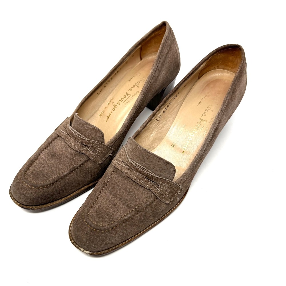VTG Salvatore Ferragamo Brown Suede Loafer Heels Pumps Women's Size 8 AAA Narrow